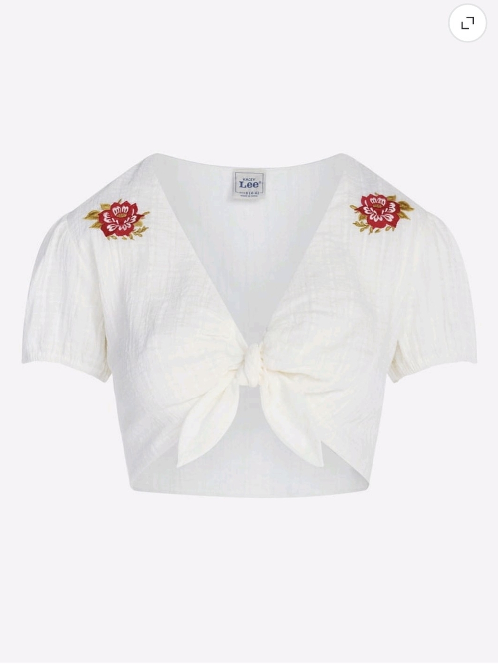 Kacey Lee White Tie-Front Cropped Top with Embroidered Flowers